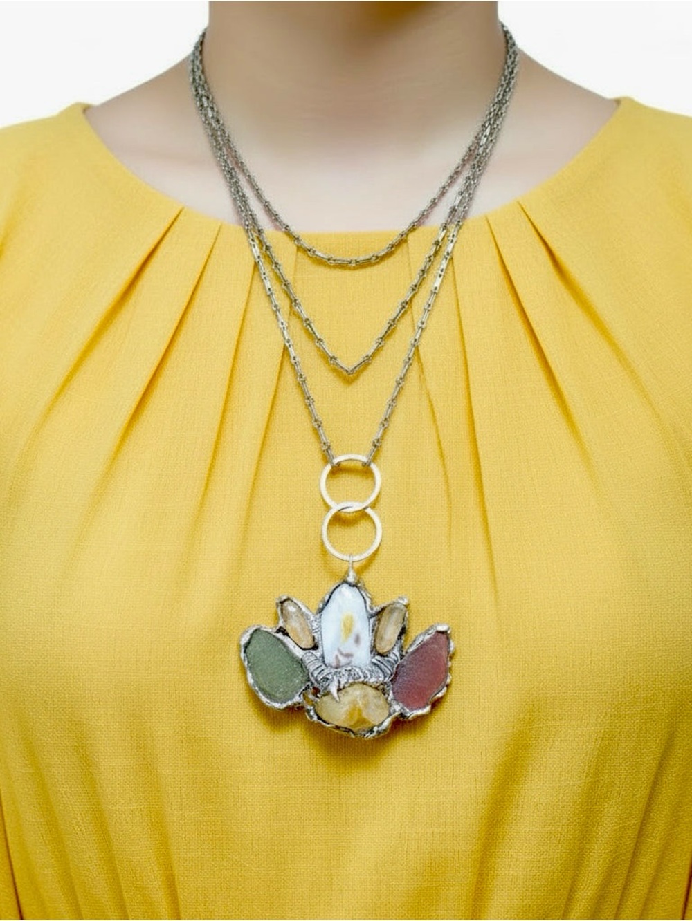 Citrine & Sea Glass Pendant - Broken China &  Vintage 90s Citrine Chip Necklace